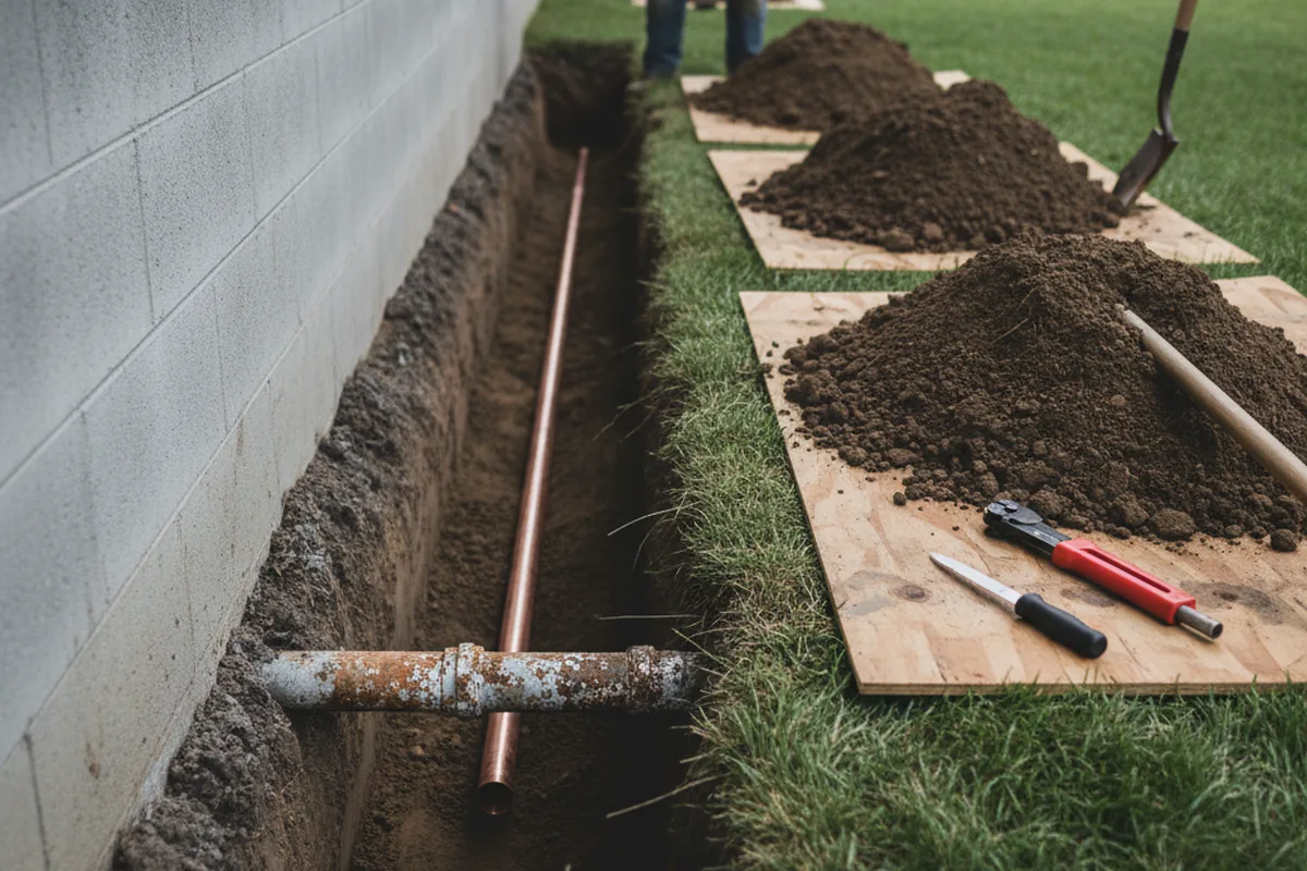 Excavated water line trench during Water Softener Installation in Carversville